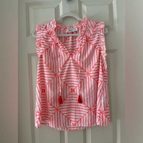 - Vineyard Vines canopy geometric top w/ruffle sleeves & tassels-orange size M - Picture 1 of 5